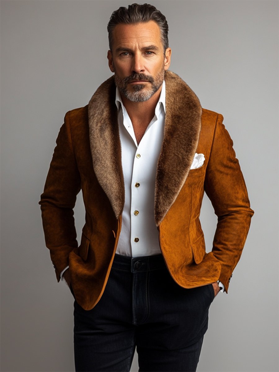 Moda uomo blazer in camoscio con risvolto in peluche e bottoni alla caviglia - Lussuoso & Elegante