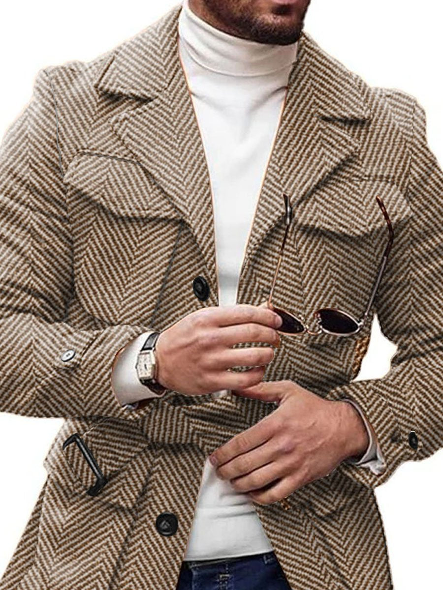 Veste vintage décontractée en laine chevrons à 4 poches avec laçage réversible - élégant & confortable