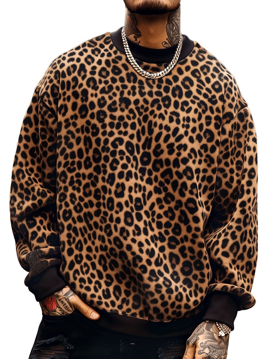 Herren Pullover mit Leopardenmuster, Rundhalsausschnitt und langen Ärmeln