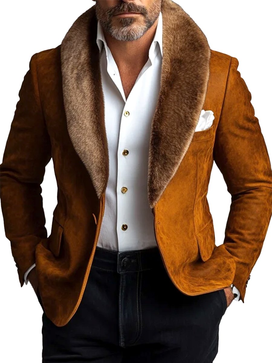 Moda uomo blazer in camoscio con risvolto in peluche e bottoni alla caviglia - Lussuoso & Elegante