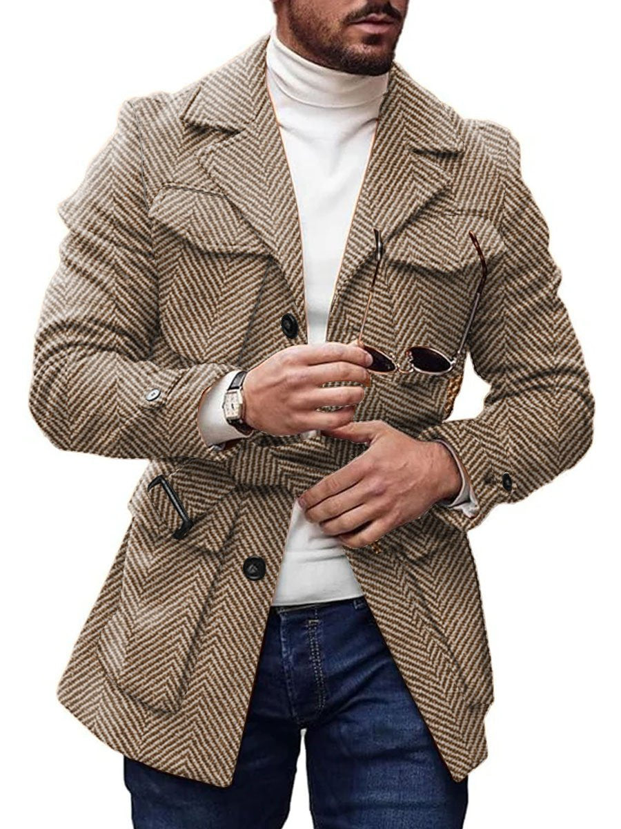 Veste vintage décontractée en laine chevrons à 4 poches avec laçage réversible - élégant & confortable