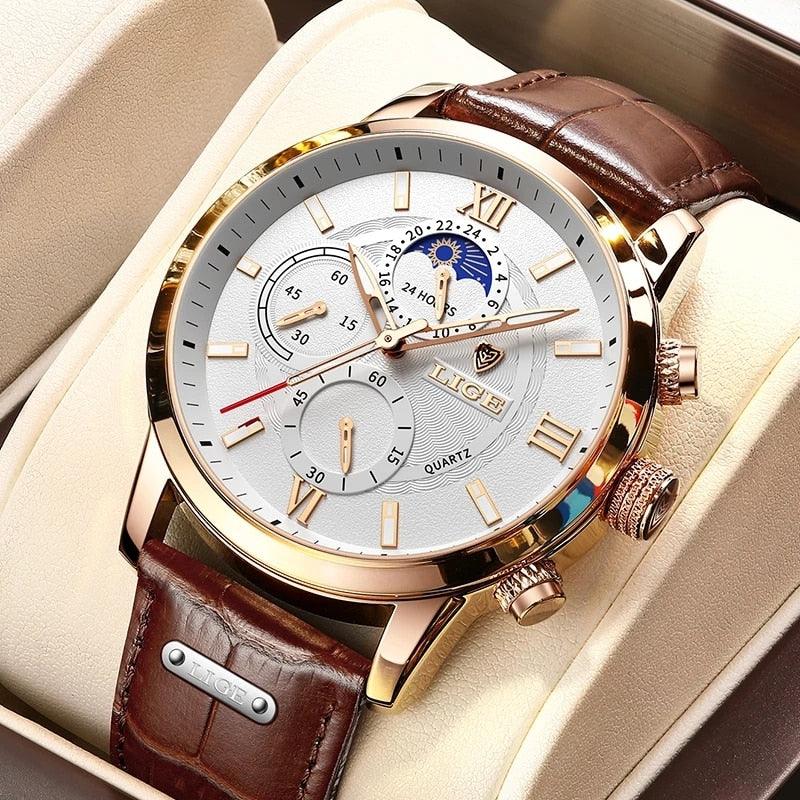 Lige – Stijlvol herenhorloge met lederen band en datumfunctie