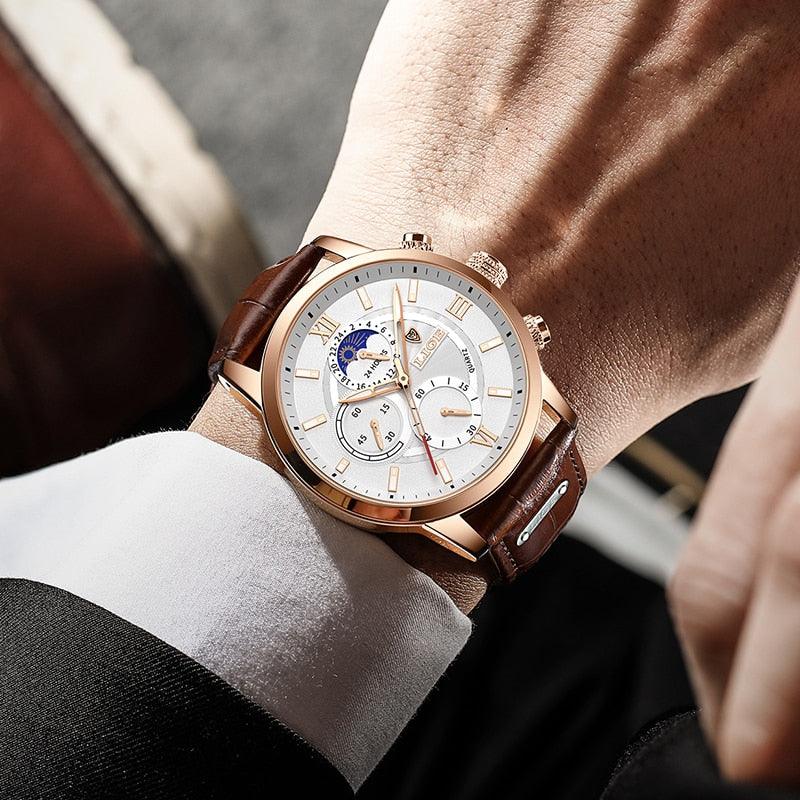 Lige – Stijlvol herenhorloge met lederen band en datumfunctie