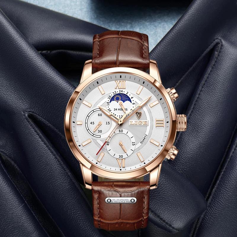 Lige – Stijlvol herenhorloge met lederen band en datumfunctie