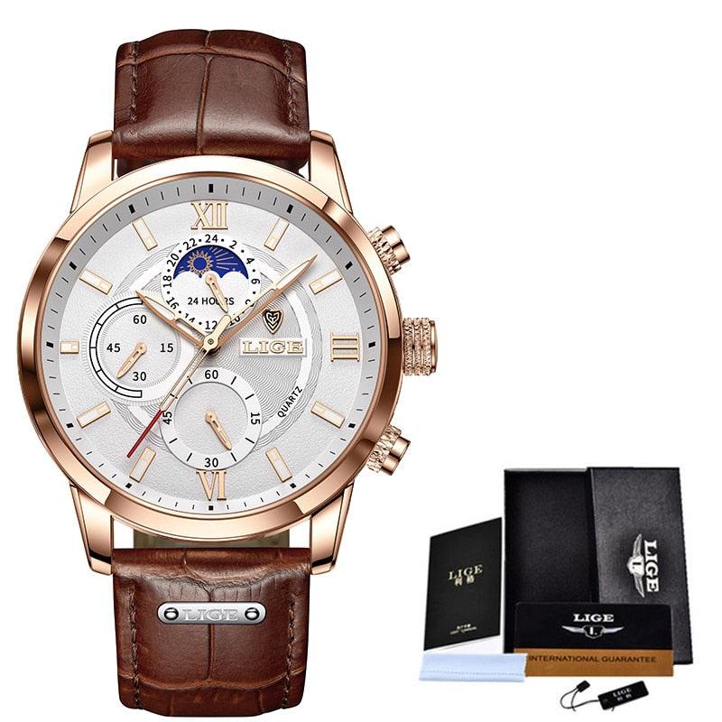 Lige – Stijlvol herenhorloge met lederen band en datumfunctie