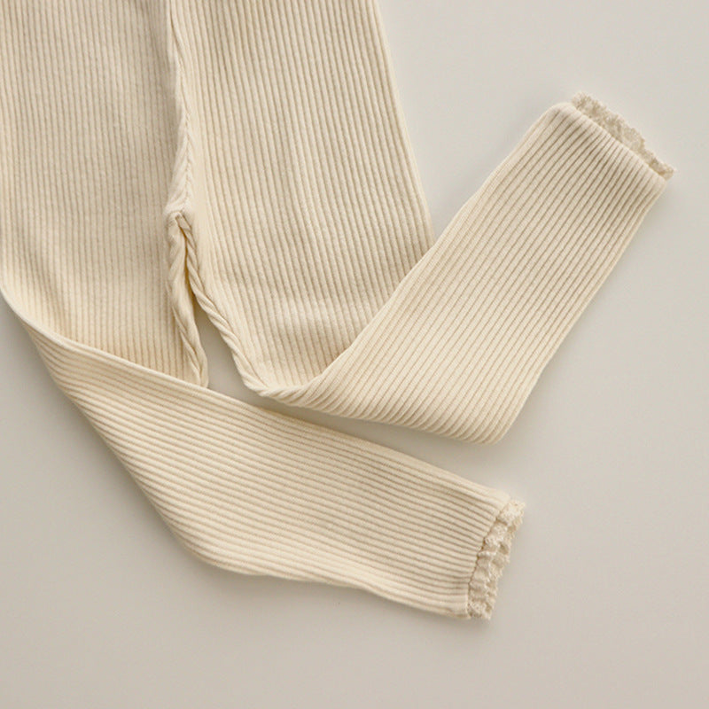 Ribstrikkede babyleggings med blonder til piger