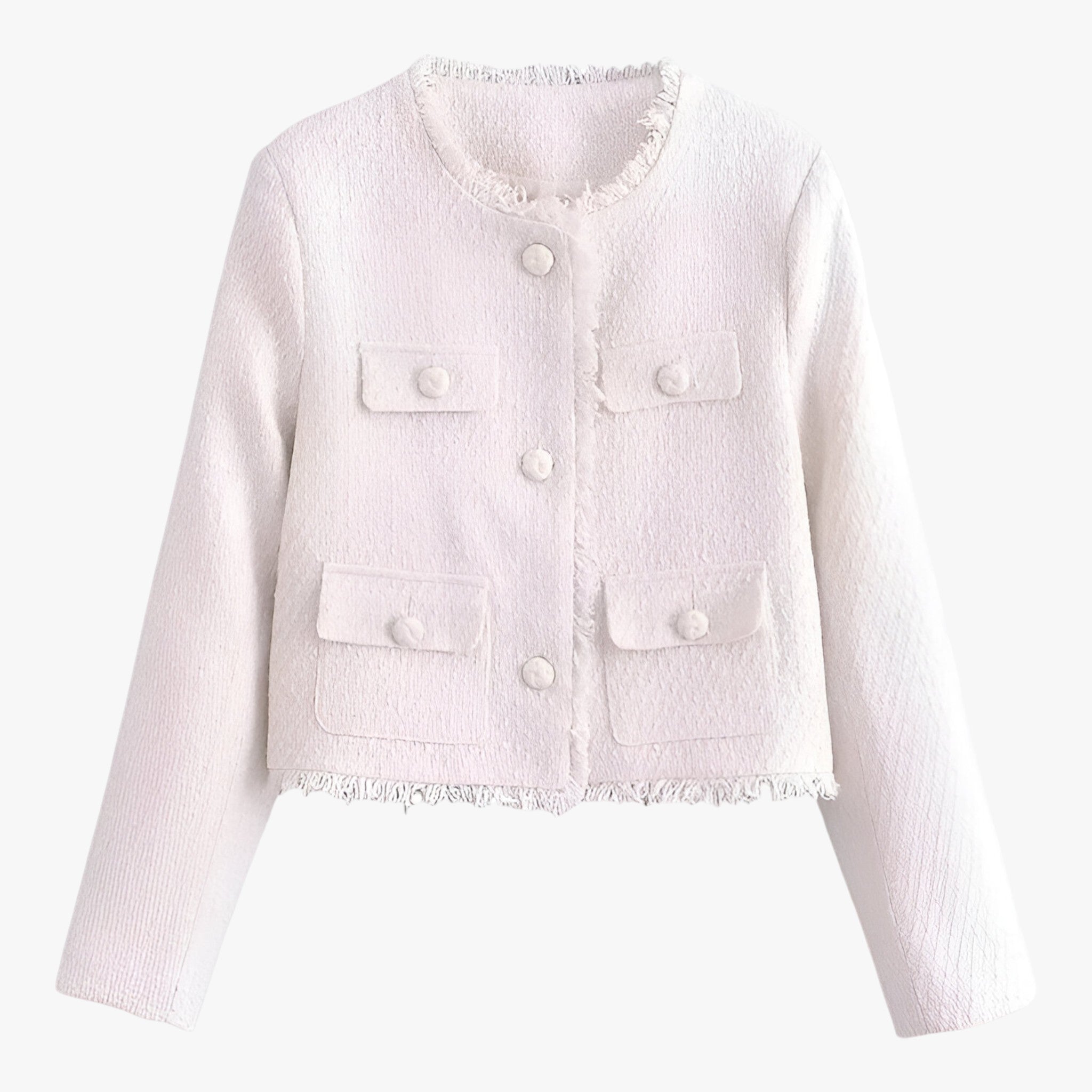 Elegant kort tweedjakke - stilfuld tekstur til efteråret