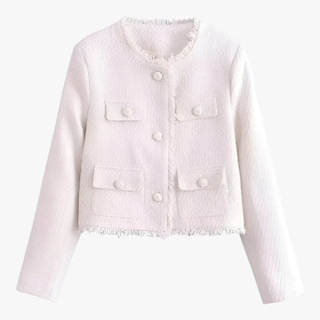 Elegant kort tweedjakke - stilfuld tekstur til efteråret