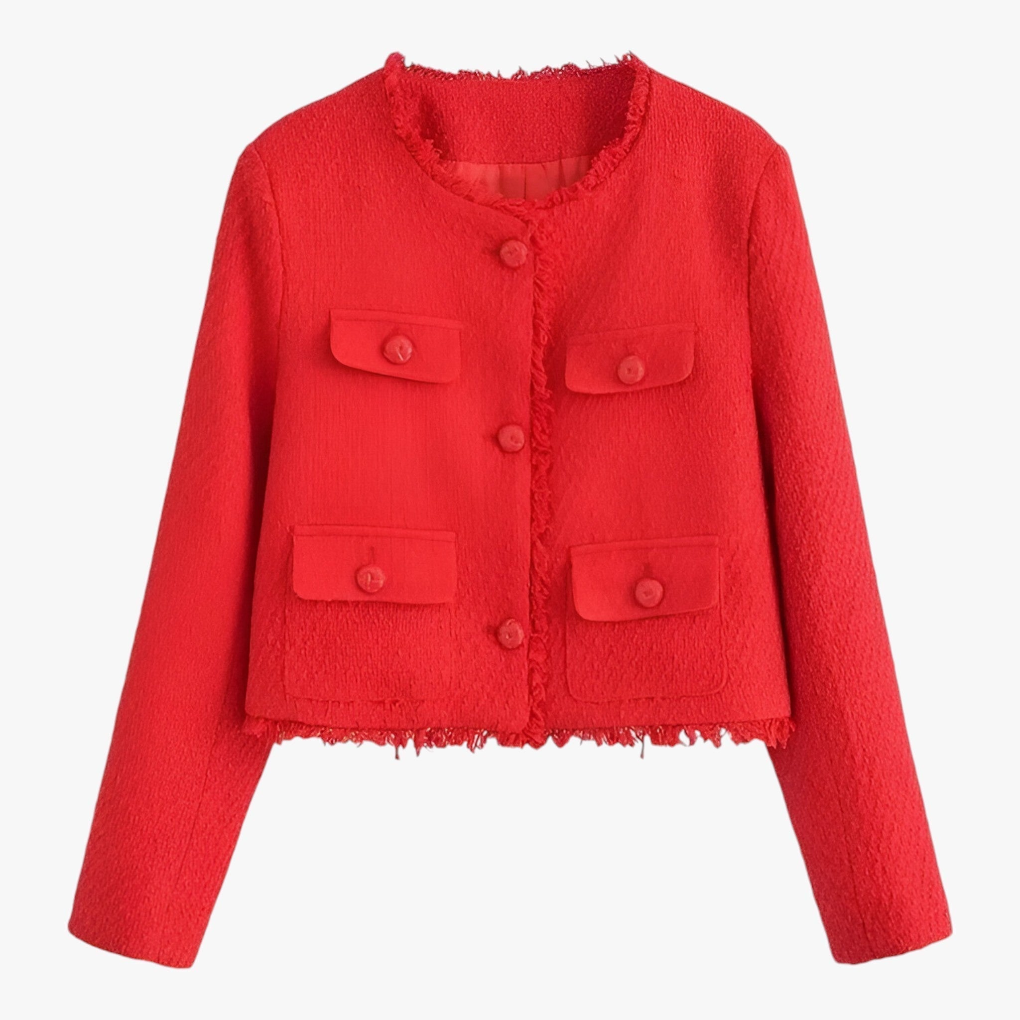 Elegant kort tweedjakke - stilfuld tekstur til efteråret