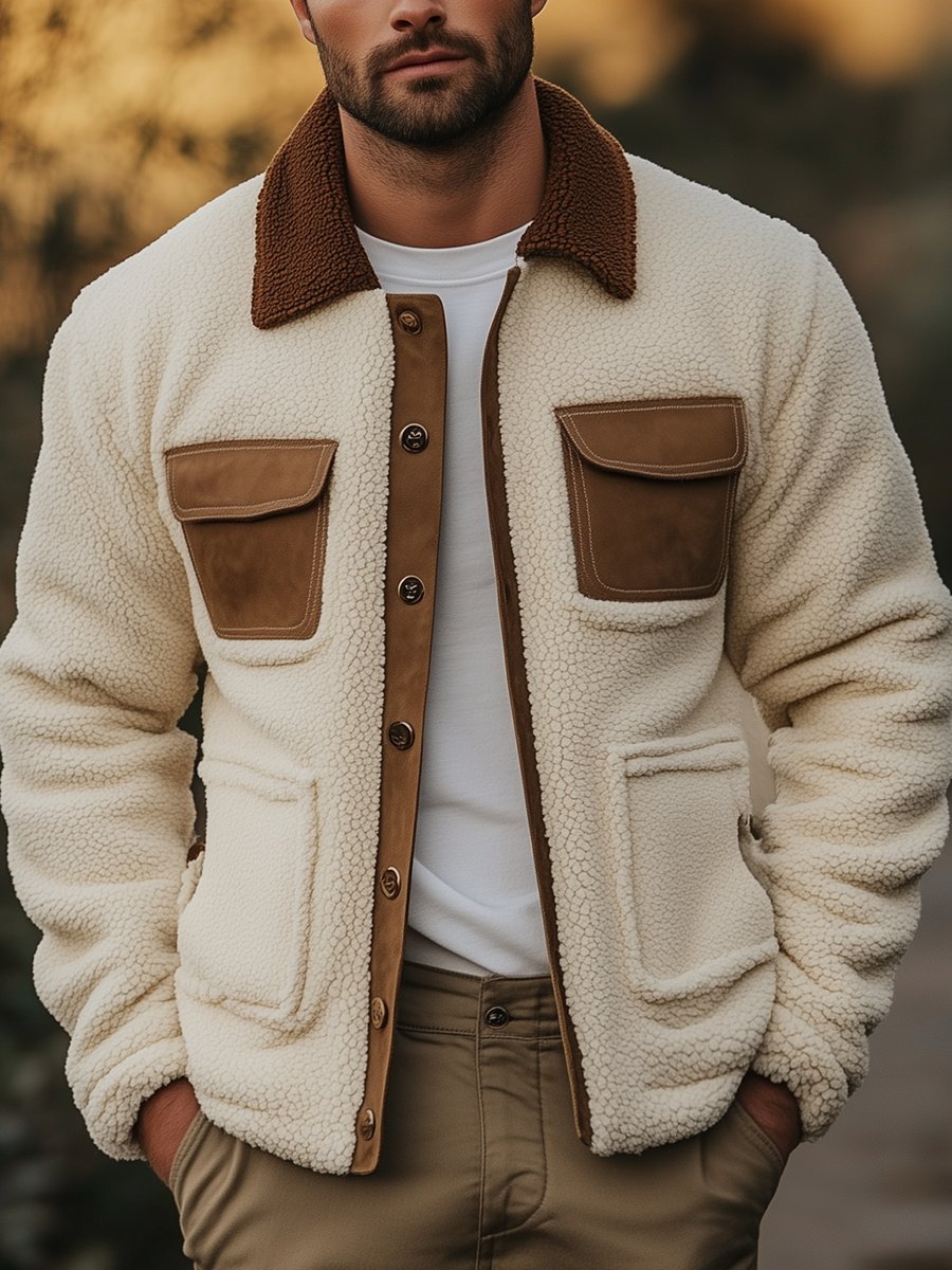 Giacca in pile polare con risvolto patchwork in pelle scamosciata casual multi-tasca - elegante e funzionale