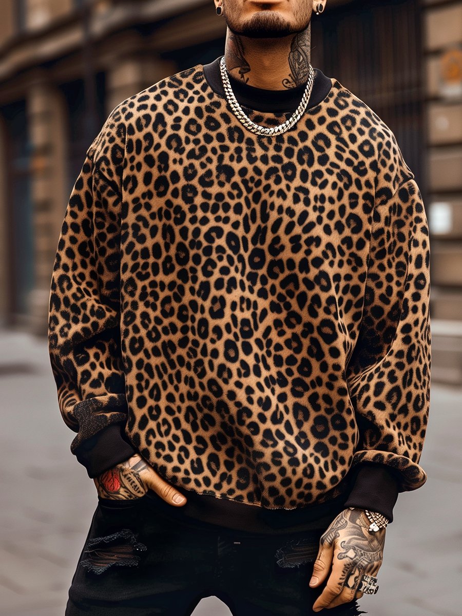 Herren Pullover mit Leopardenmuster, Rundhalsausschnitt und langen Ärmeln