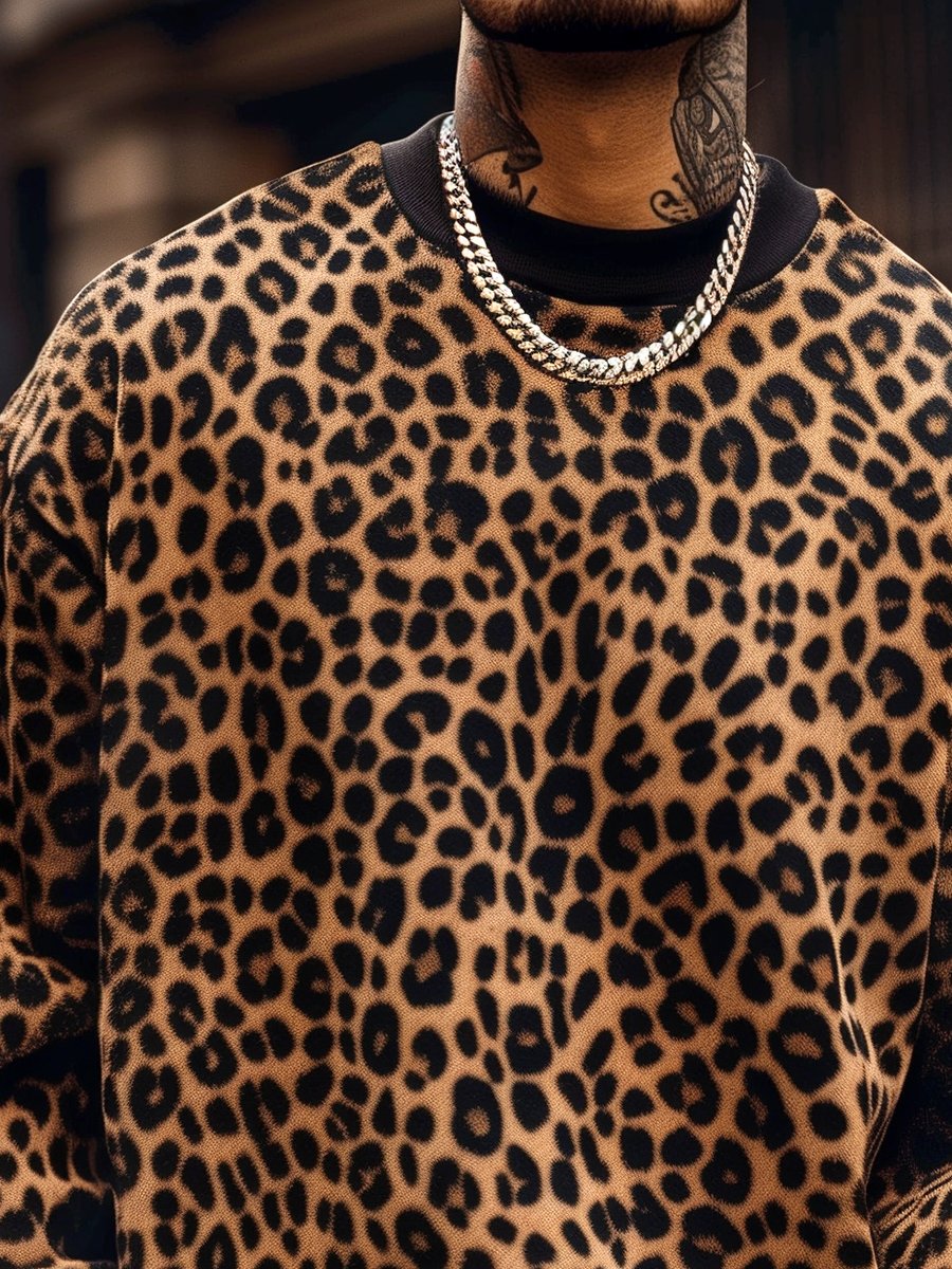 Herren Pullover mit Leopardenmuster, Rundhalsausschnitt und langen Ärmeln