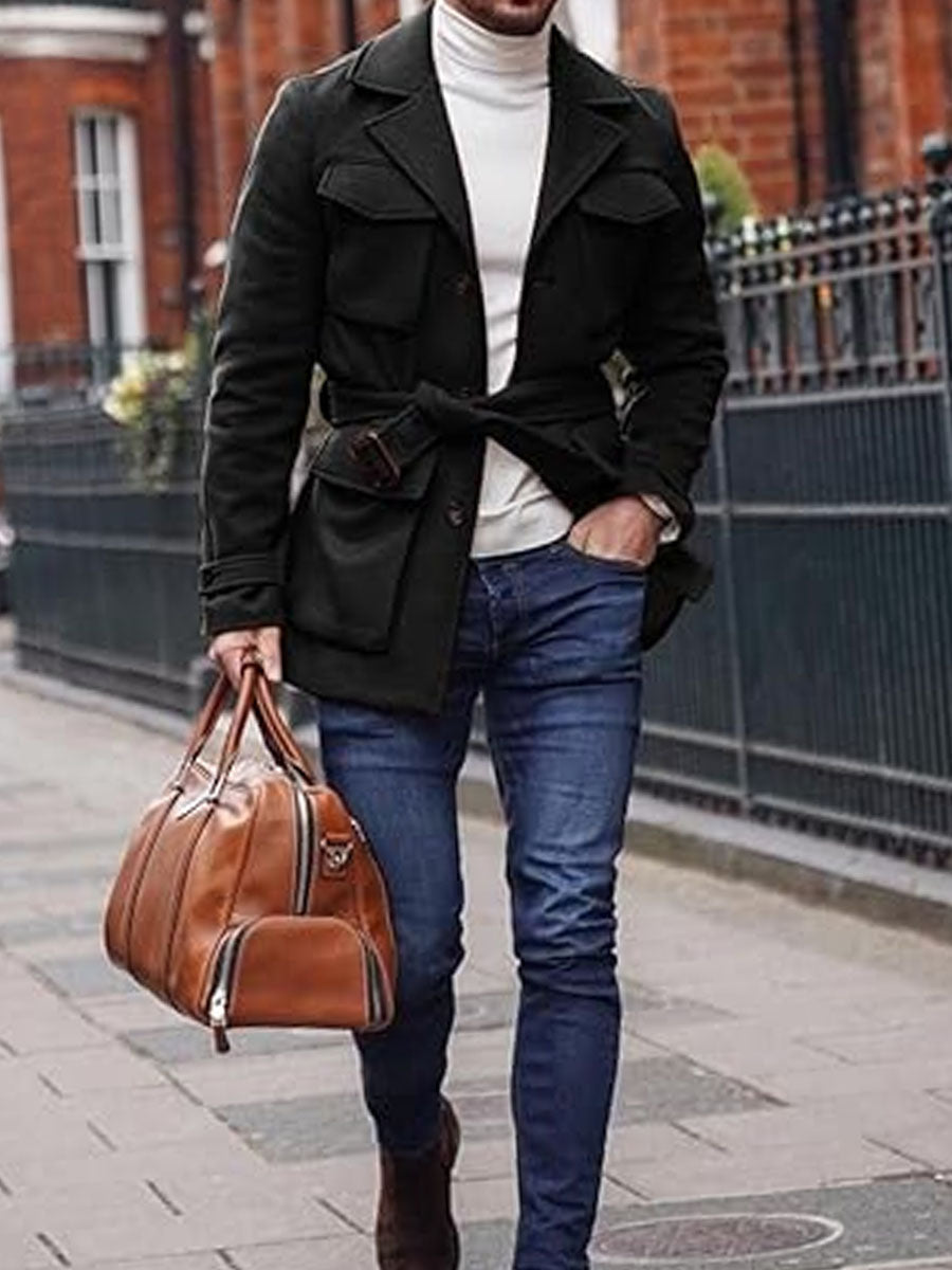Veste multi-poches unie avec revers et laçage en laine - Élégante et confortable