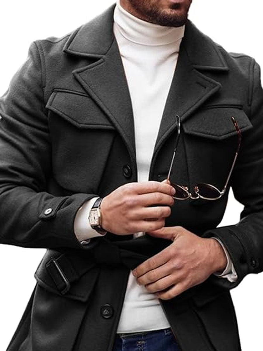Veste multi-poches unie avec revers et laçage en laine - Élégante et confortable
