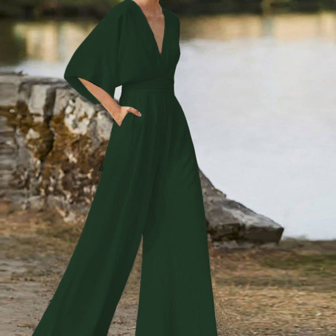 Devako SOPHIA - Eleganter V-Ausschnitt Jumpsuit mit Halben Ärmeln und Weitem Bein