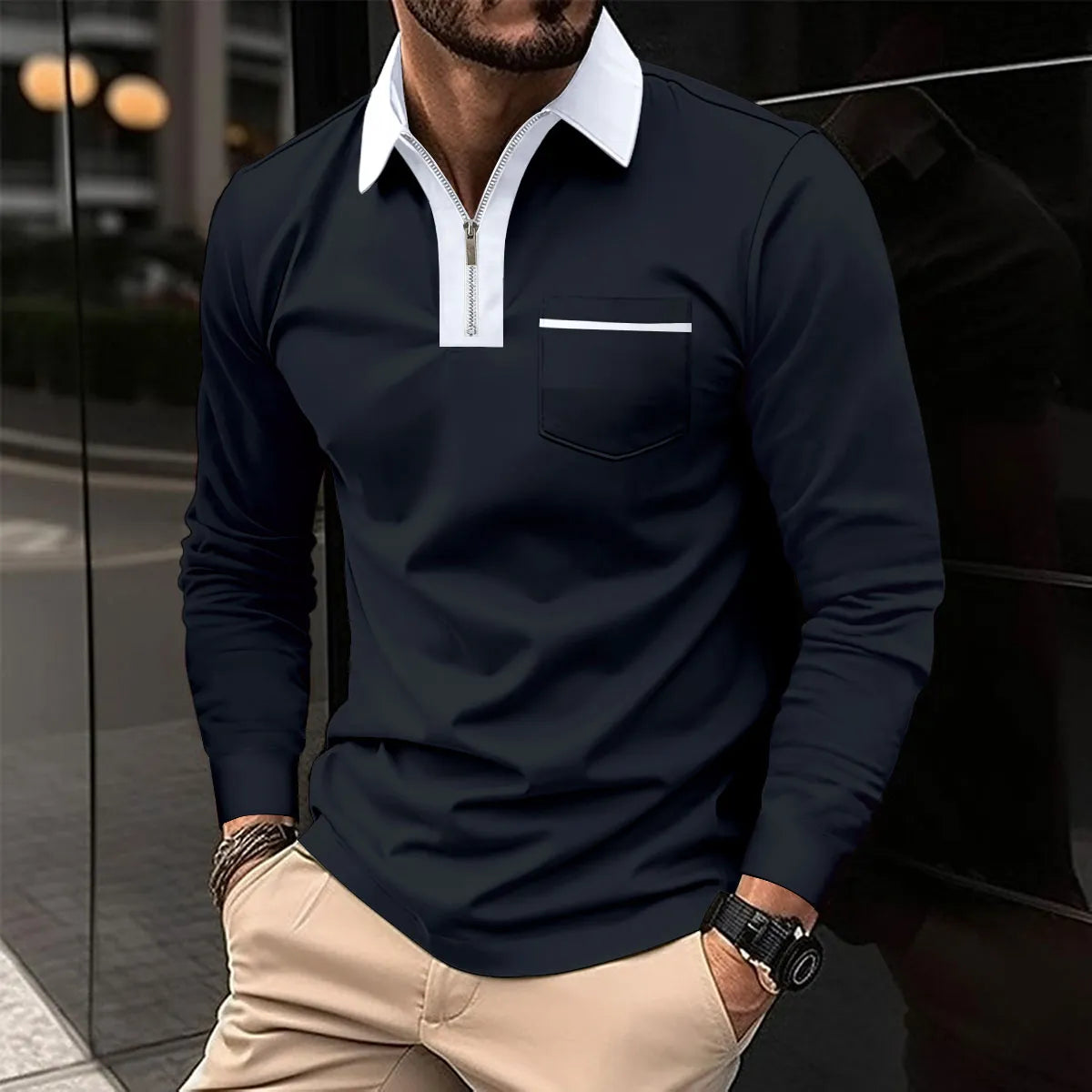 Devako Prello | Langærmet poloshirt med kontrasterende lynlåshals