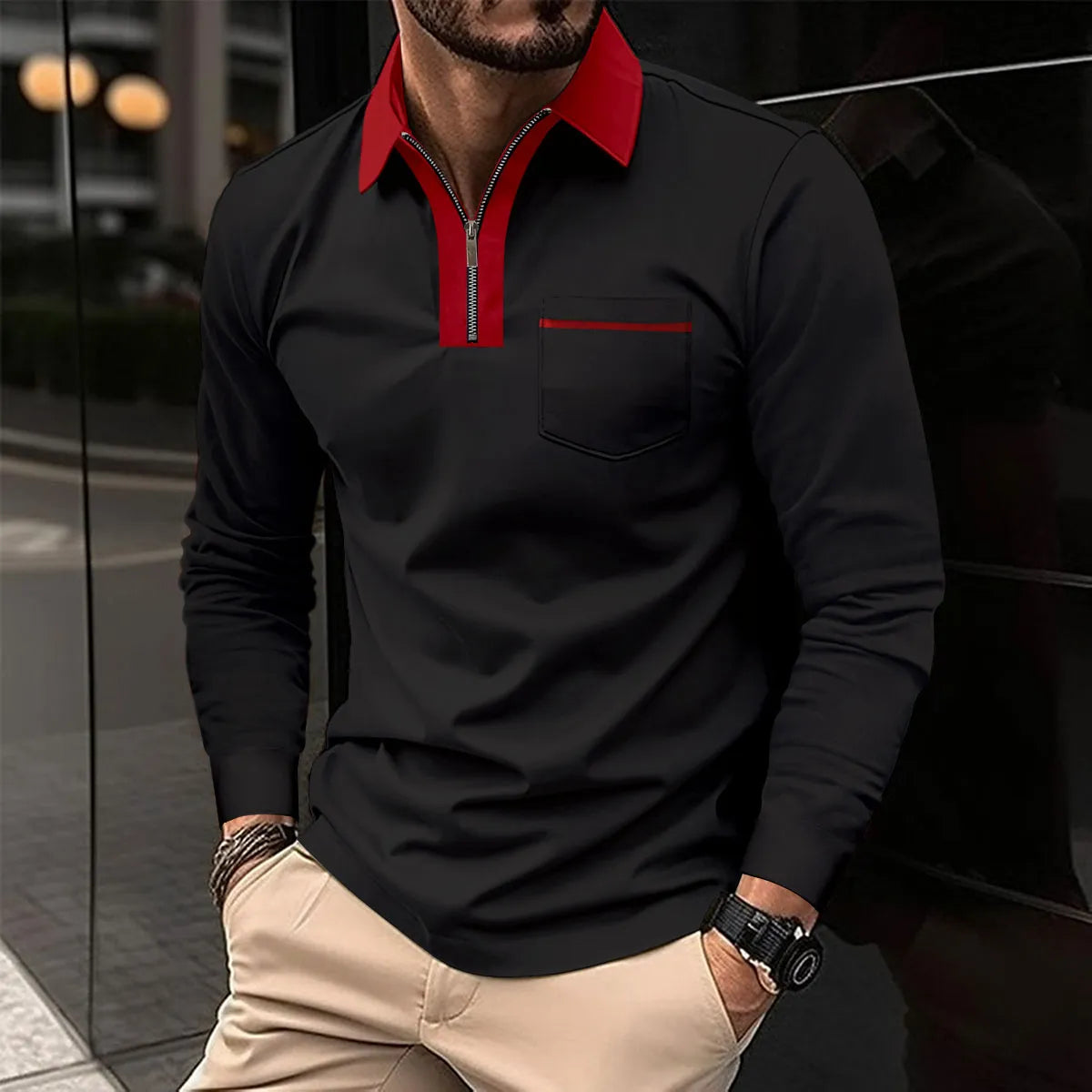 Devako Prello | Langærmet poloshirt med kontrasterende lynlåshals