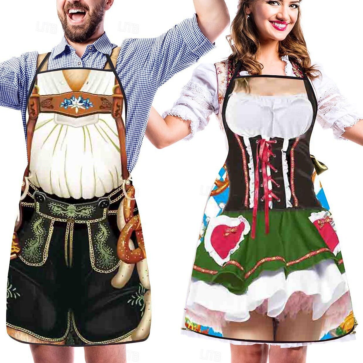 WiesnSpaß – Schürzenset für Paare mit Dirndl- & Lederhosen-Print